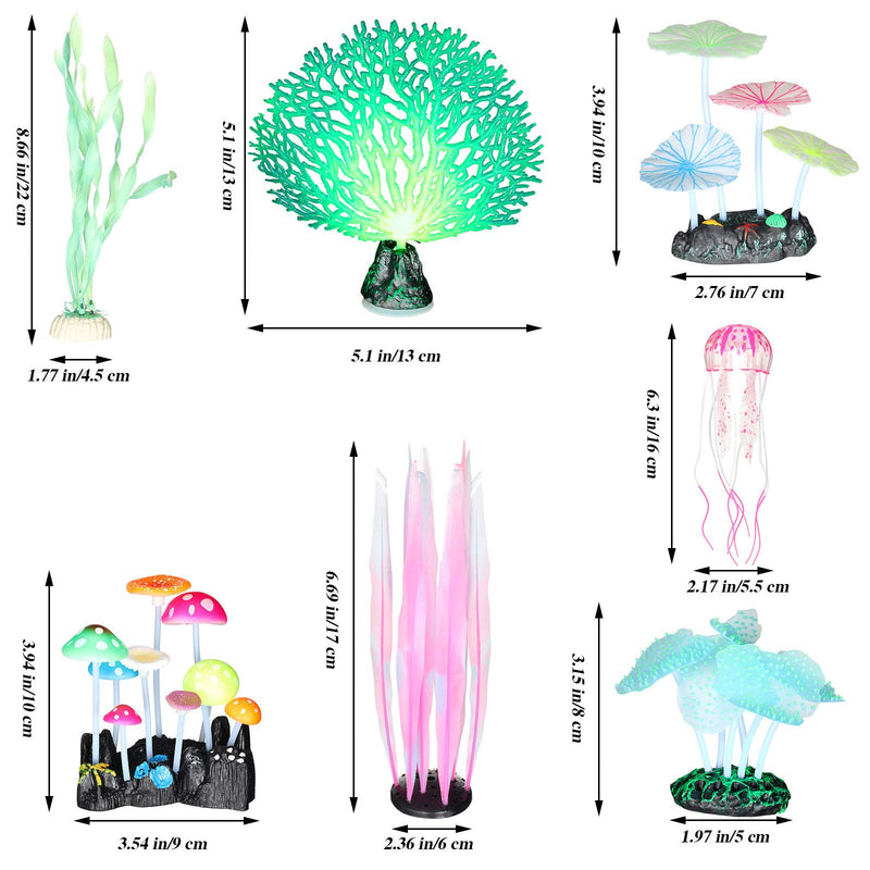 Frienda 8 Pieces Glowing Fish Tank Decorations Plants with 2 Style Glowing Kelp, Sea Anemone, Simulation Coral, Jellyfish, Lotus Leaf, Mushroom for Aquarium Fish Tank Glow Ornament - PawsPlanet Australia