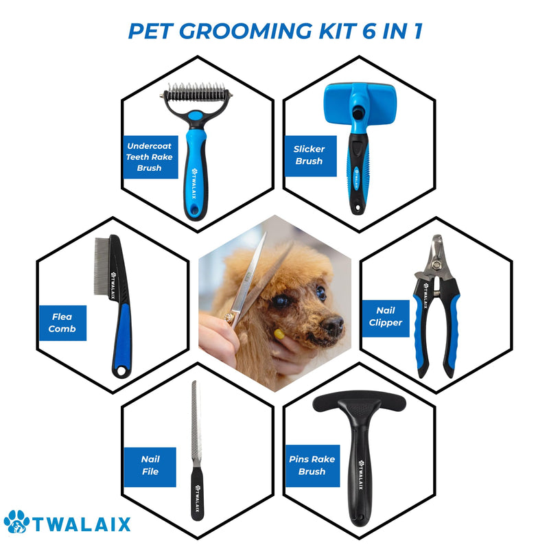 6 in 1 Pet Grooming Kit for Dogs & Cats - Deshedding Brush, Undercoat Rake, Slicker Brush, Nail Clipper, Nail File & Flea Comb for All Coat Types 6 in 1 Kit