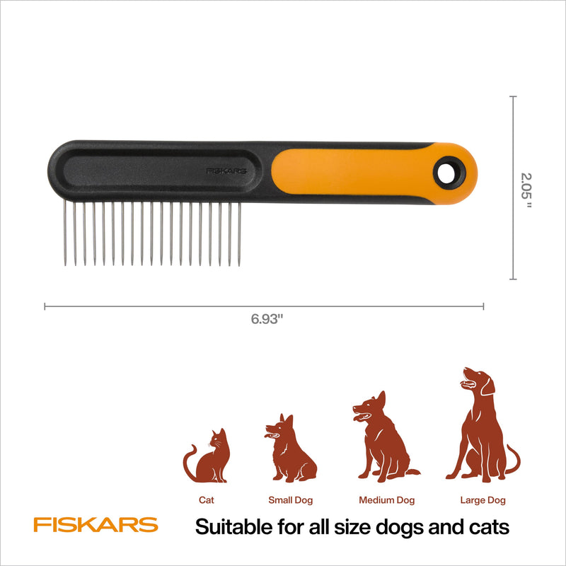 Fiskars Pet Wide Tooth Comb, Cat & Dog Comb, Wide-Spaced Rounded Teeth & SoftGrip™ Handle for Gentle Detangling, Cat and Dog Supplies, 7”, Orange/Black