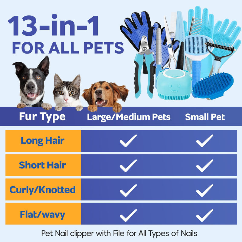 Dog Brush for Shedding 13pcs Bath Grooming Kit with Pet Nail Clipper and File - Dog Bath Brush Cat Grooming Supplies, Dematting Comb Bath Brush Shampoo Scrubber for Dogs and Cats Blue 13pcs - PawsPlanet Australia