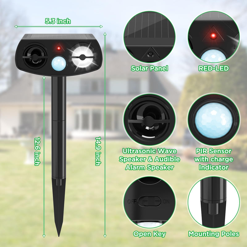 Solar Animal Repeller Outdoor, Motion Activated Ultrasonic Pest Deterrent with LED Light, Waterproof Repellent for Yard Garden, Raccoon Squirrel Rabbit Cat Dog, 2 Pack Matte Black - PawsPlanet Australia