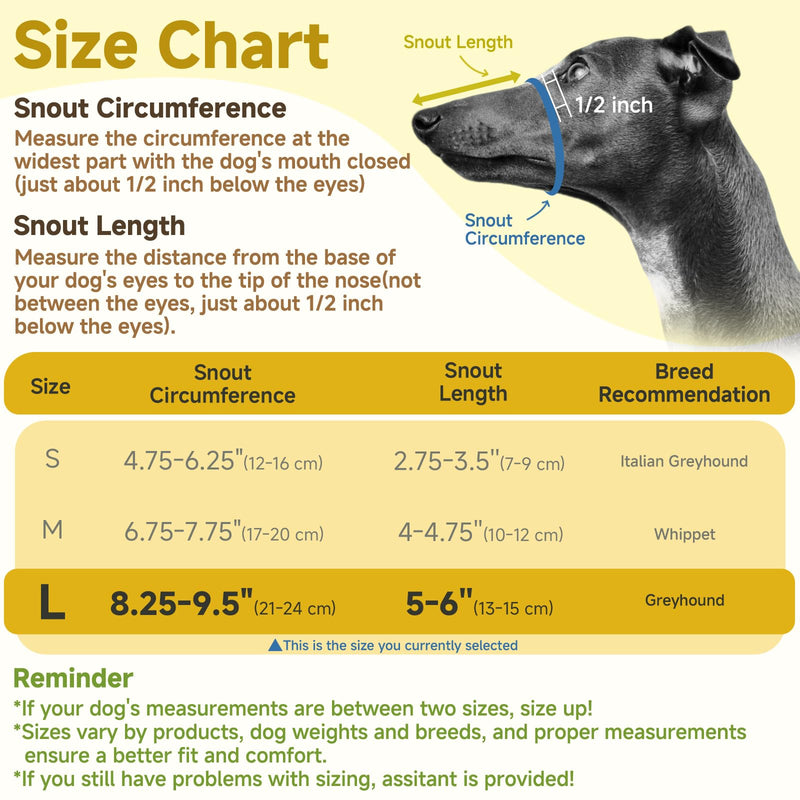 Mayerzon Greyhound Whippet Dog Muzzle, Soft Mesh Muzzle for Long Nose Dogs to Prevent Excessive Biting Chewing Eating, Suitable for Grooming Walking Vet Visits, Allowing Drinking Breathing (Black, L) Black L [Snout Cir: 8.25-9.5"] - PawsPlanet Australia