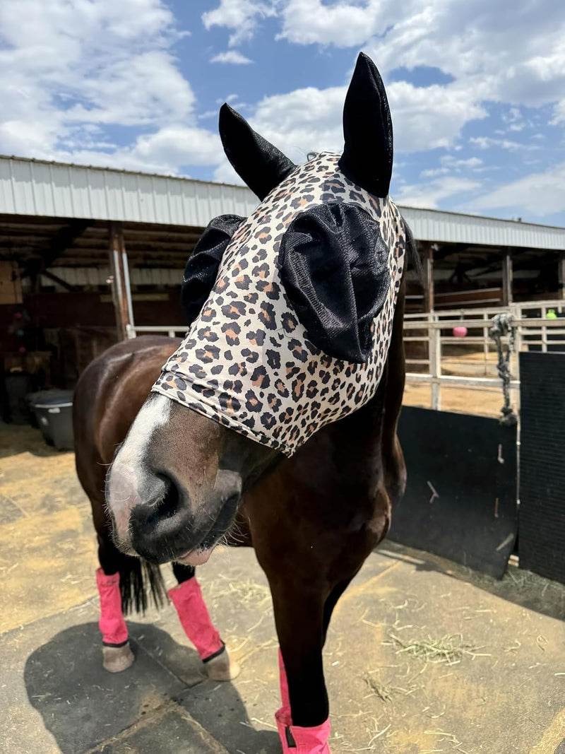 Stretchable UV-Blocking Equine Fly Mask with Moldable Ear Covers, Adjustable Comfort Mesh Straps, Leopard-Pattern Pasture & Trail Protection Perfectly Sized for Full Sized Horses - Leopard Print Large