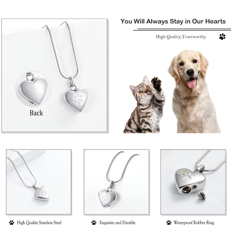 Pet Cremation Jewelry for Ashes Pendant Paw Print Pet Heart Urn Necklace Memorial Keepsake Jewelry for Pet/Dog's/Cat's Ashes Heart-Silver