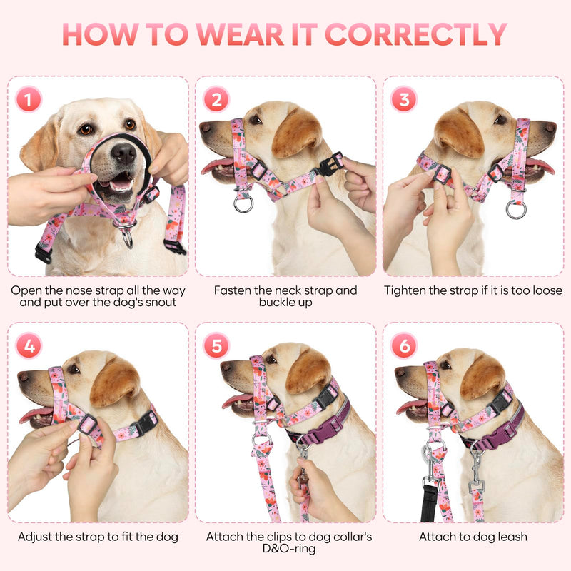 Dog Head Collar, Printed No-Pull Headcollar, Adjustable Dog Head Halter Gentle Lead with Safety Link, 3 Colors Muzzle Leash for Small Medium Large X-Large Dogs Easy Walks (Small, Mimosa) - PawsPlanet Australia