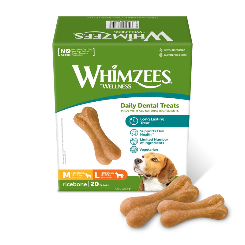 WHIMZEES by Wellness Rice Bones, Natural & by Wellness Toothbrush, Natural Grain-Free Dental Care Snacks, Chew Sticks for Large Dogs, Monthly Pack (30 Pack) Large