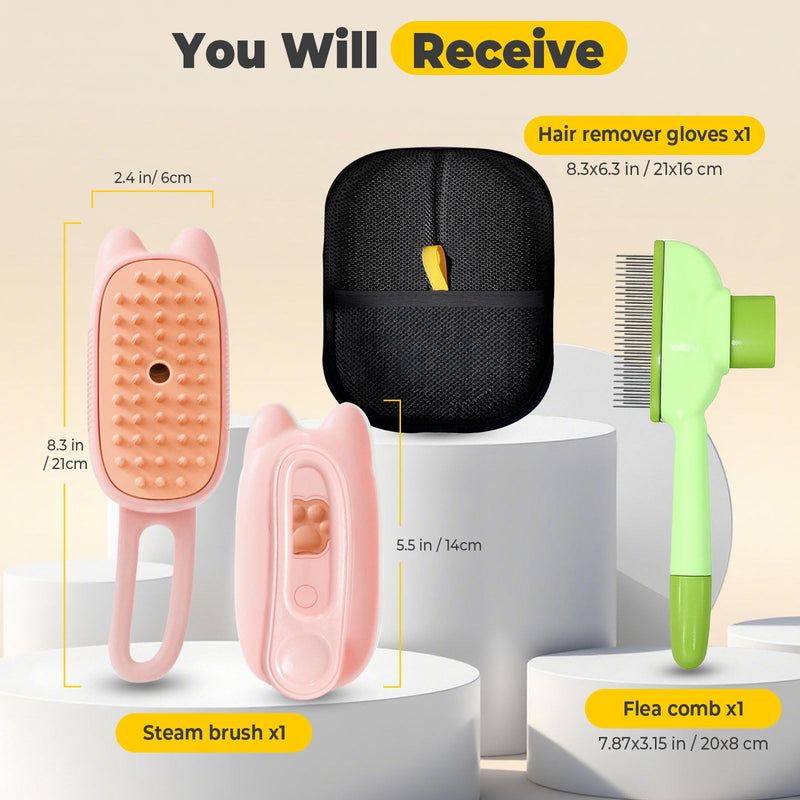Cat Steam Brush for Shedding, 4 in 1 Rechargeable Steam Brush for Cats and Dogs, Anti-Static, Massage, flea comb for cats& Pet Removal Hair Glove,Shedding & Combing All In One!(Pink) Pink
