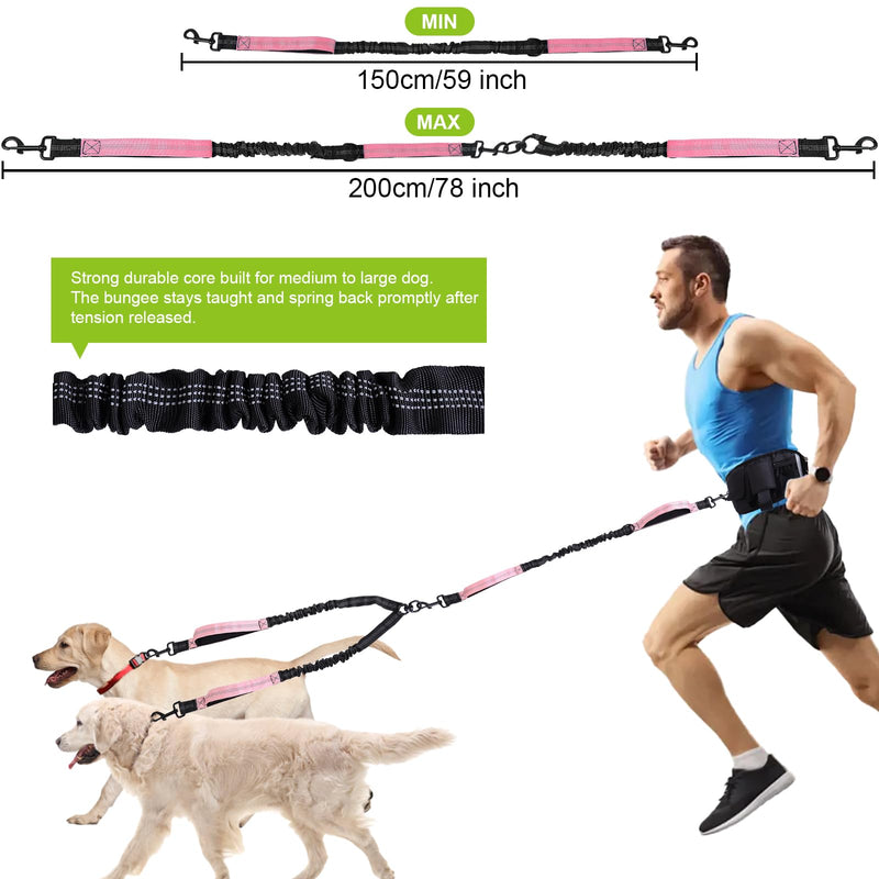 Hands Free Dog Leash with Adjustable Waist Belt, Double Waist Leash for Two Dog Walking Training Jogging, Double-Leashes for Two Large Dogs, Dual Padded Handles Pet Running-Leashes Hands Free(Pink) Pink For 2 Dog - PawsPlanet Australia