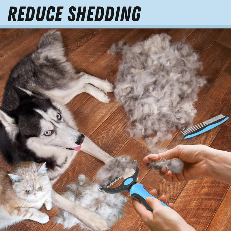 Pet Grooming Combo - Blue Deshedding Brush with Metal Comb for Detangling and Dematting Long, Matted Fur on Cats and Dogs - PawsPlanet Australia