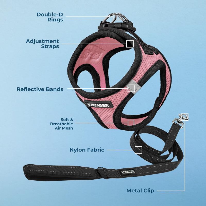 Best Pet Supplies Voyager Step-in Air All Weather Mesh Harness and Reflective Dog 5 ft Leash Combo with Neoprene Handle, for Small, Medium and Large Breed Puppies - Pink Base, XXS - PawsPlanet Australia