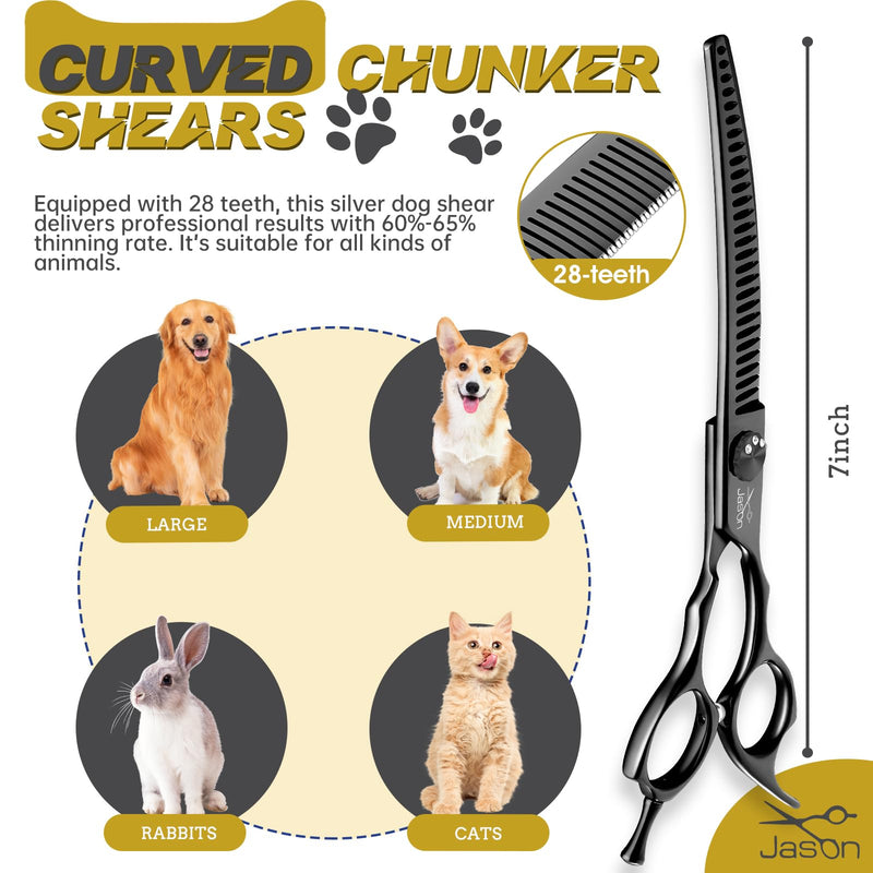 JASON 7" Curved Chunker Dog Scissors - Ergonomic Pet Scissors Black Curved Dog Shears 440C Stainless Steel Grooming Shears Professional Pet Shears For Groomer (28-Teeth, Down-curved) - PawsPlanet Australia