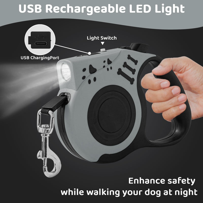 16FT Retractable Dog Leash with LED Flashlight for Night Walking, USB Rechargeable Hands-Free Leash for Small Medium Dogs, Automatic Locking & Extending, Grey - PawsPlanet Australia