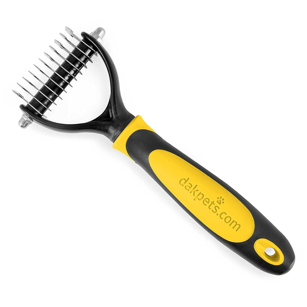 DakPets All-In-One Pet Grooming Tool | Metal Undercoat Rake, Dematting & Detangling Comb, Fur Shedding Blade, and Grooming Brush | For Medium to Long-Haired Pets Yellow