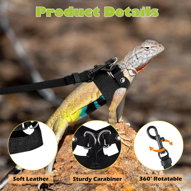 KABASI Bearded Dragon Harness Leash Set, 3 Size Adjustable Lizards Training Walking Leather Vest Escape-Proof Traction Rope for Squirrel and Other Outdoor Small Reptiles (Black) Black - PawsPlanet Australia