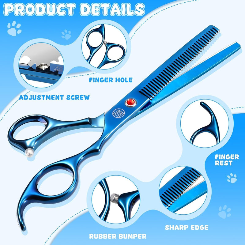 Professional Dog Grooming Scissors, with Safety Round Tips Stainless Steel Professional Dog Grooming Shears Set Straight, Thinning, Chunker, Curved Shears for Long Haired Pet(Blue) Blue