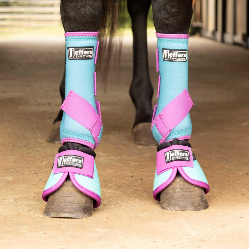 Jeffers Equine Neon Horse Boots – 1 Pair – Turquoise & Purple – Medium Size – Breathable Neoprene, Secure Straps Closures – Durable Protection for Front & Hind Legs, Trail & Riding Use Turquoise/Purple - PawsPlanet Australia