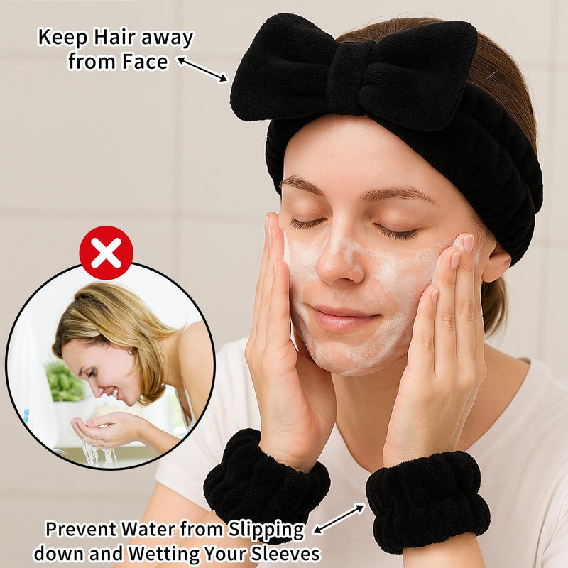 MAORULU 20PCS Spa Headband Set for Women Teens Girls with 4 Snap Hair Clips, 3 Cute Claw Clips, 10 Hair Ties, 2 Wristbands, 1 Headband, Face Wash Makeup Skincare Gift Box (Black, Large) Blacklack - PawsPlanet Australia