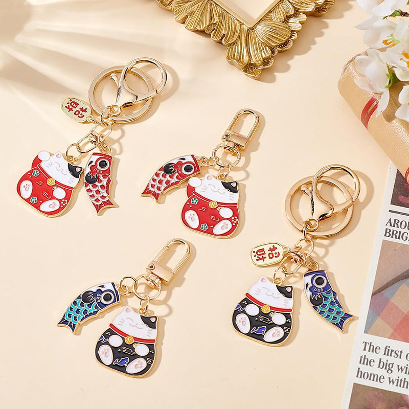 4 Pcs 4 Styles Lucky Cat Keychains, Flat Lucky Cat Charms Japanese Style Alloy Hanging Kitty Pendants for Car Bag Hanging Ornaments - PawsPlanet Australia