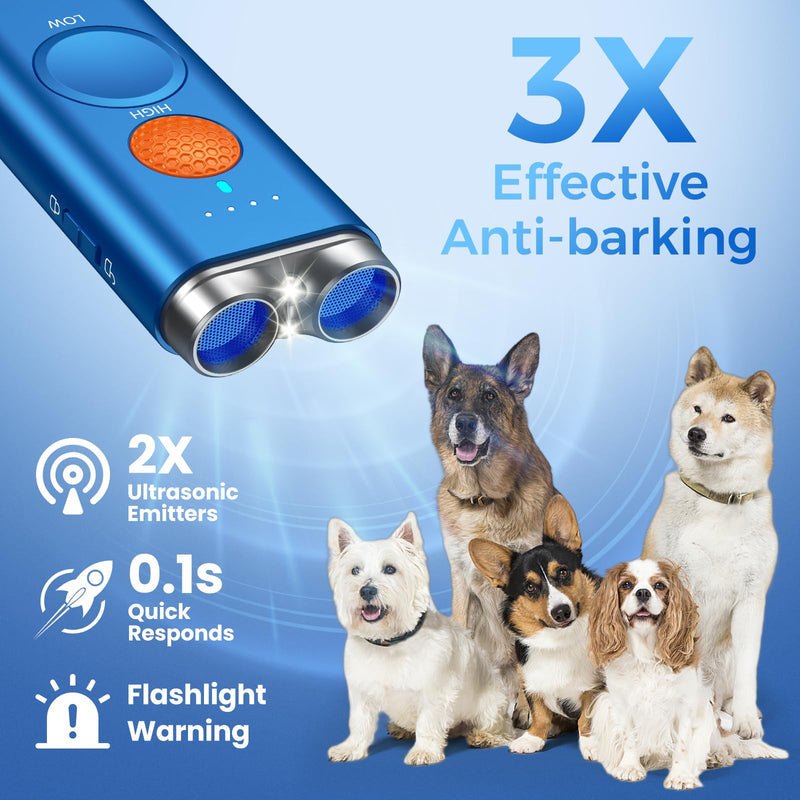 Dog Bark Deterrent Device, Anti Barking Device for Dogs Training Indoor Outdoor No More Bark Ultrasonic 2X Effective Emitters 50ft Range to Stop Neighbors Dog Barking Rechargeable for All Dogs Blue