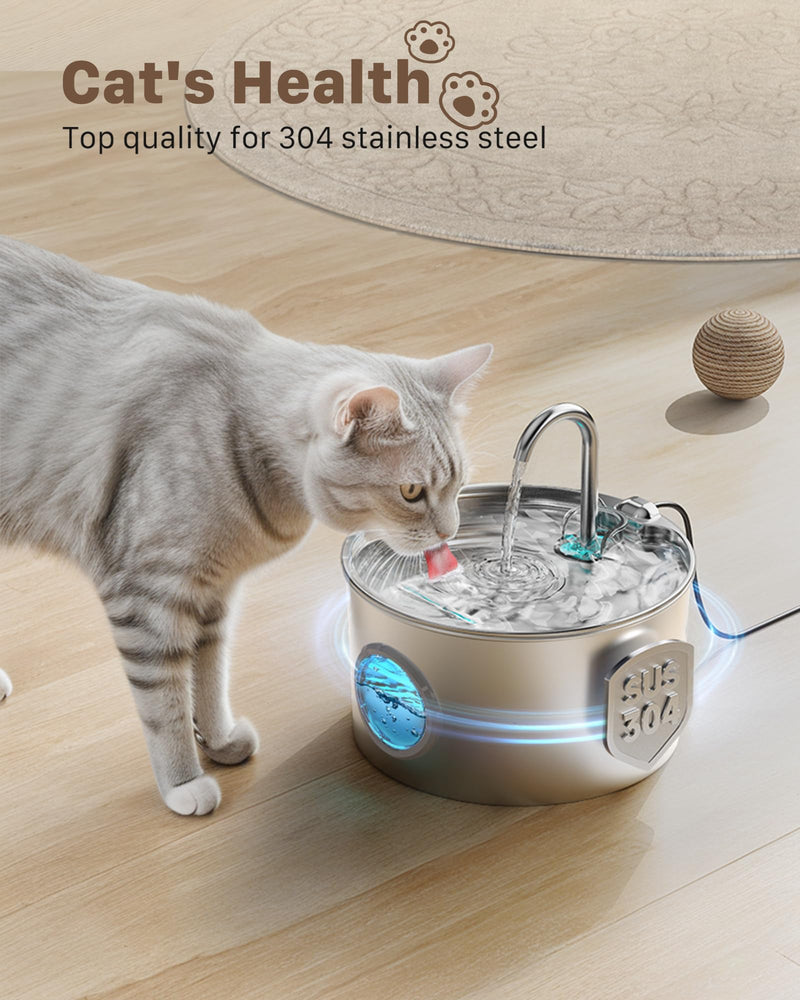 Cat Water Fountain for Drinking: Stainless Steel Cat Fountain - 2.2L Water Fountain Cat Bowl - Pet Water Fountain - Cat Drinking Fountain - Visible Water Level Cat Water Dispensers - GIOTOHUN Fountain-2.2L - PawsPlanet Australia