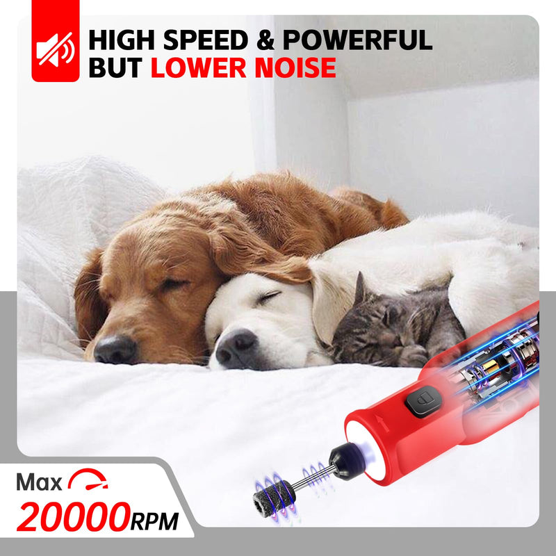 Dog Nail Grinder - Upgraded Pet Nail Grinder, Electric 5 Speeds LED Lights Ring Rechargeable Dog Nail Trimmers Kit, 40 Accessories Cordless Pet Nail Grinder for Dogs Cats and Small/Medium Animals Red - PawsPlanet Australia