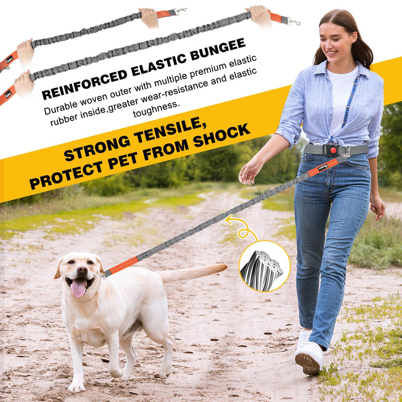 Pawaboo Hands-Free Dog Leash with Waist Belt, Elastic Dog Waist Leash with Wider Belt, Reflective Dog Running Belt Absorbing Shock, Durable Padded Handle Bungee Leash for Dogs (25-150 lbs, Grey) Gray(25-150 lbs)