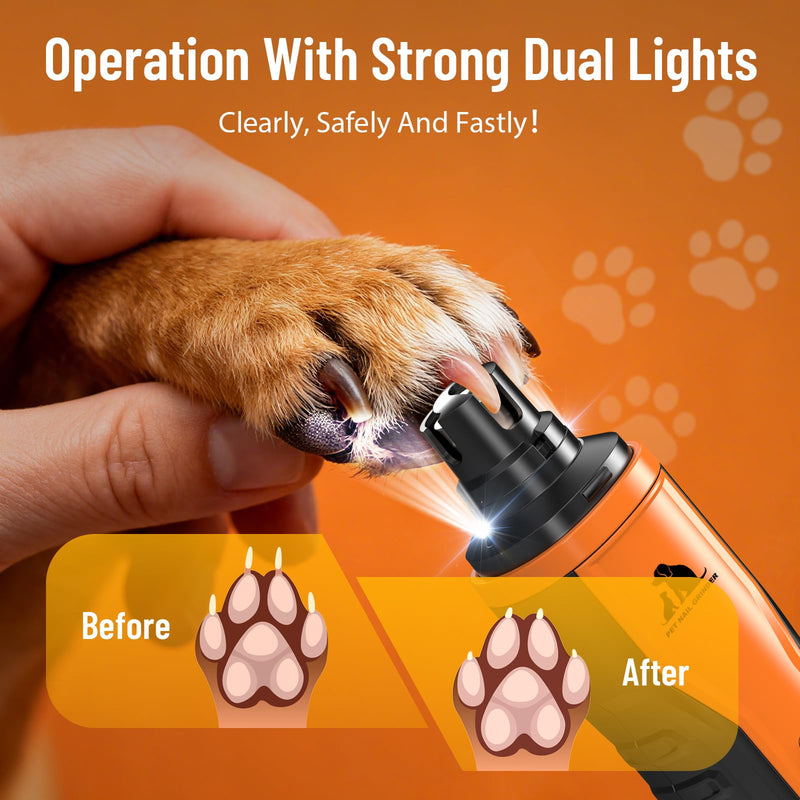 Electric Dog Nail Grinder: 5-Speed Quiet Dog Nail Trimmer with LED Light, Adjustable Safety Guard, Rechargeable Cordless Design for Small to Large Dogs & Cats(Orange) Orange