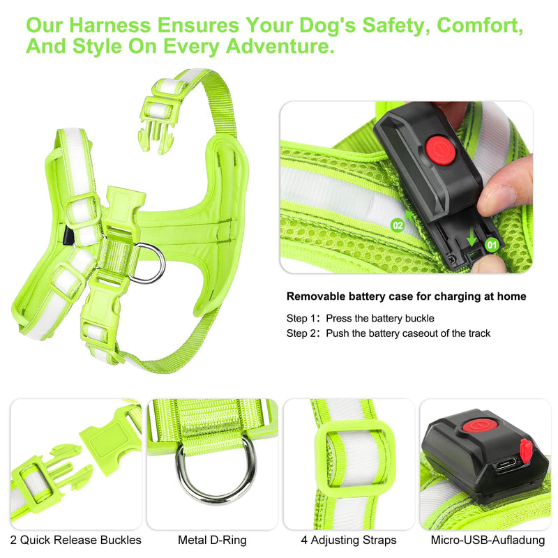 Light Up Dog Harness - LED Dog Harness Rechargeable, No Choke Illuminated Glow Dark Harness Vest Waterproof for Medium Large Dogs for Camping Night Safety Walking-Green,L Green - PawsPlanet Australia