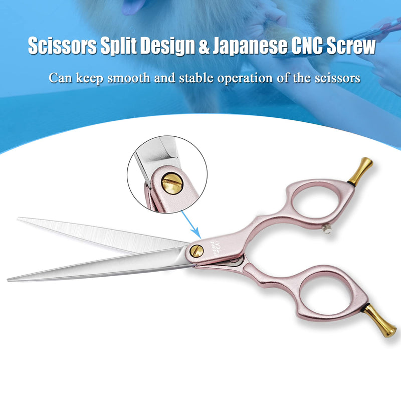 6.5'' Small Pink Straight Dog Grooming Scissors Professional Trimming Shears with Ultra-Lightweight Offset Handle 440C Stainless Steel Pet Scissors for Face and Paws