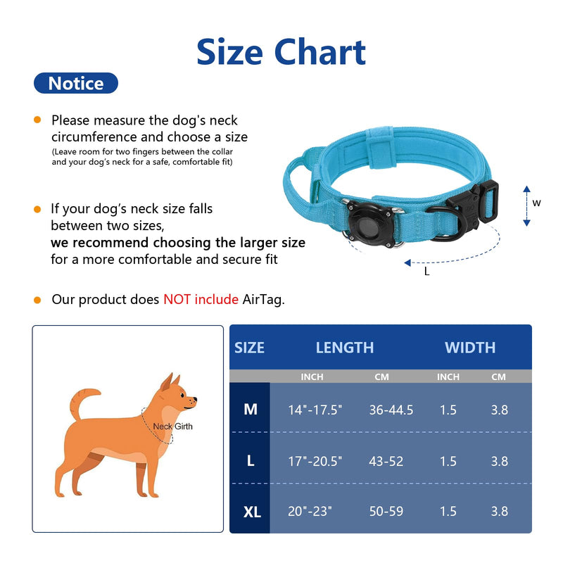 Tactical Airtag Dog Collar Waterproof - Adjustable Nylon Training Collar with Secure Airtag Holder, Control Handle & Quick-Release Buckle for Medium Large Dogs (Blue, L) Blue L (17"-20.5")