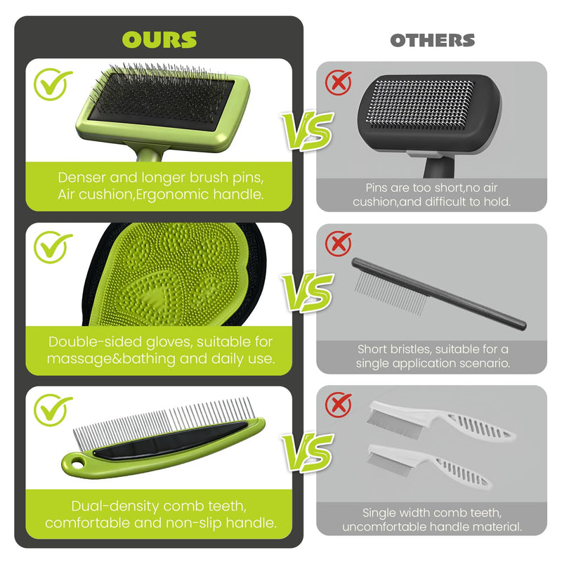 Cat & Dog Brush Set, Pet Grooming Kit with Metal Comb, Slicker Brush, Hair removal Glove for Detangling and Dematting Long, Matted Fur, Green - PawsPlanet Australia