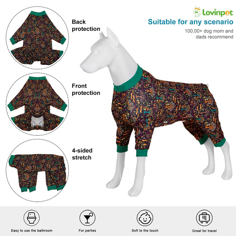 LovinPet Large Dog Pajamas Pitbull - Comfy Lightweight Stretchy Fabric, Norwegian Woods Print, Surgery Recovery Outfit for Dogs, Easy to Wear Adorable Dog Clothes, Pitbull Clothes, Black Green L