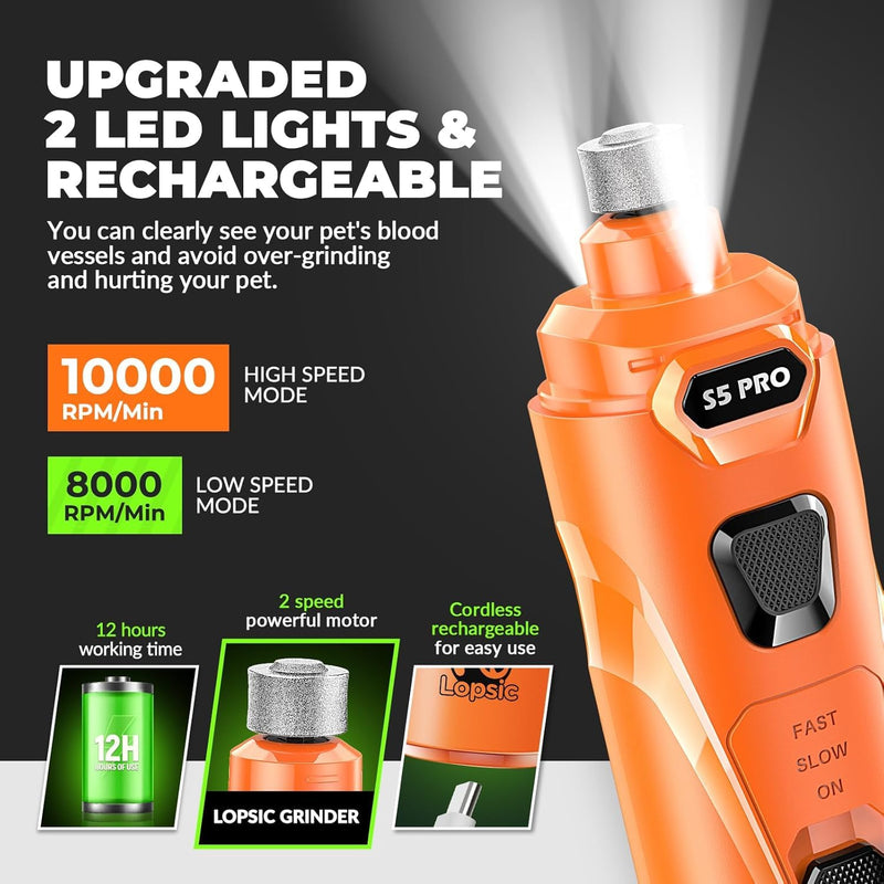 Dog Nail Grinder with 2 LED Lights Powerful 2 Speeds Super Quiet Dog Nail Trimmers with 3 Grinding Wheels Rechargeable Pet Dog Nail Clippers for Large Medium Puppy Dogs Dog Nail File Cat Nail Clipper 🟧🟧🟧Whisper Quiet-Orange🟧🟧🟧 - PawsPlanet Australia