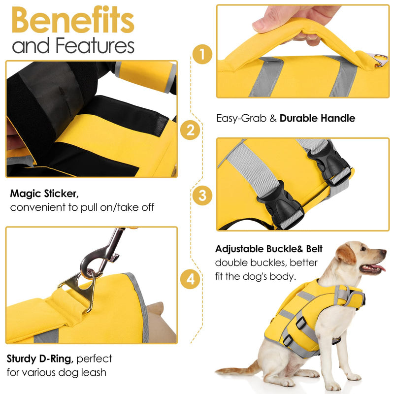 AOFITEE Dog Life Jacket Large, Dog Life Vest for Swimming, High Flotation Dog Swimming Vest with Rescue Handle and D-Ring, Reflective Dog Lifesavers Swimsuit for Swimming Pool Beach Boating XX-Large Yellow