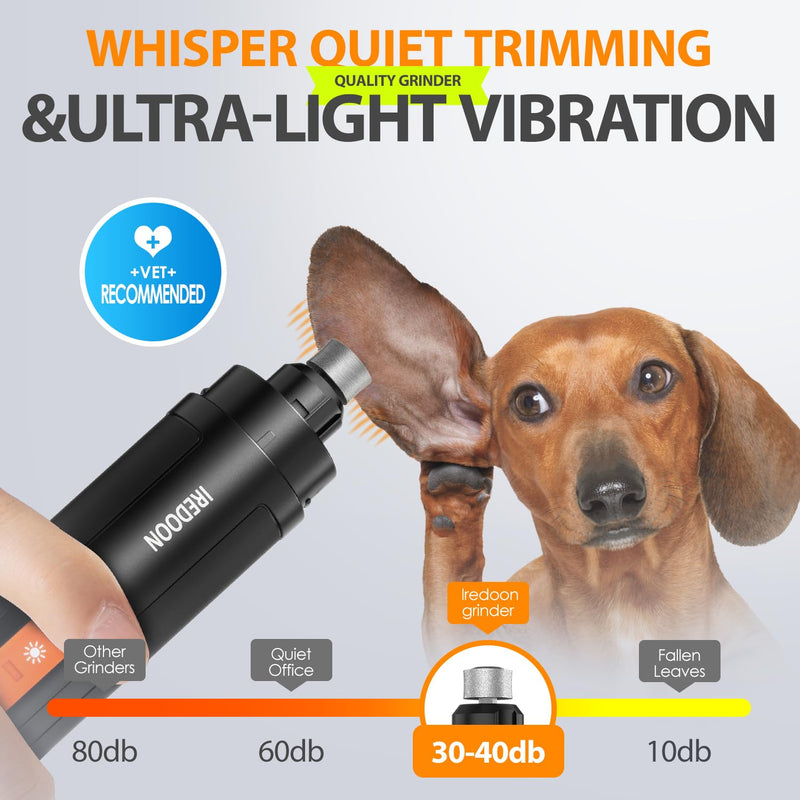 IREDOON Dog Nail Grinder Upgraded - Professional 3-Speed Super Quiet and Low Vibration Electric Pet Nail Grinder with 4 LED Lights - Painless Paws Grooming & Smoothing for Small to Large Dogs (Black) Black - PawsPlanet Australia