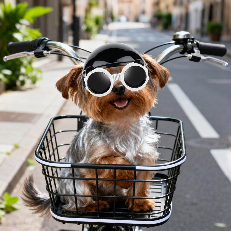 PETLESO Extra Small Dog Goggles and XSmall Dog Helmet, 2Pcs Anti-UV Doggy Sunglasses Cat Motorcycle Protecetive Helmet Set, Chihuahua Safety Hard Hat Outdoor Head & Eyes Protection, White XS Black+White - PawsPlanet Australia