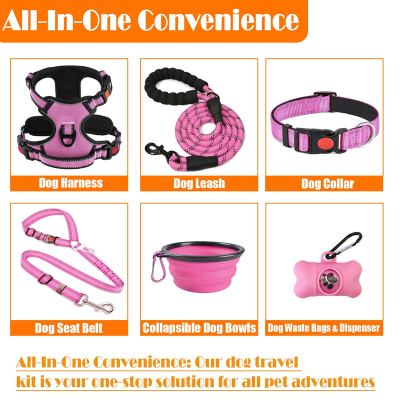 No Pull Dog Harness, Collar & Leash Set | Includes Dog Seat Belt, Collapsible Bowls & Poop Bag Dispenser. Ideal for Training, Walking, Hiking. Fits Small to Large Dogs(Pink-L) Pink - PawsPlanet Australia