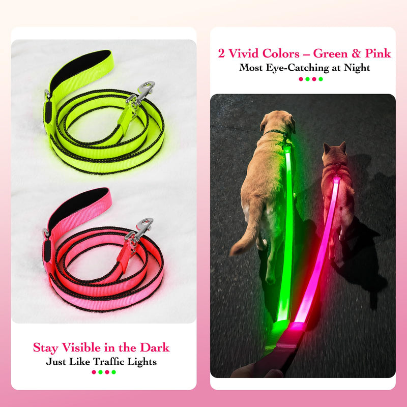 4FT LED Dog Leash – Rechargeable Light Up Dog Lead with Dual-LED Glow, Reflective Nylon, Waterproof Glow Dark Leash with Padded Handle for Small Medium Large Pets Night Walking-Pink Pink - PawsPlanet Australia