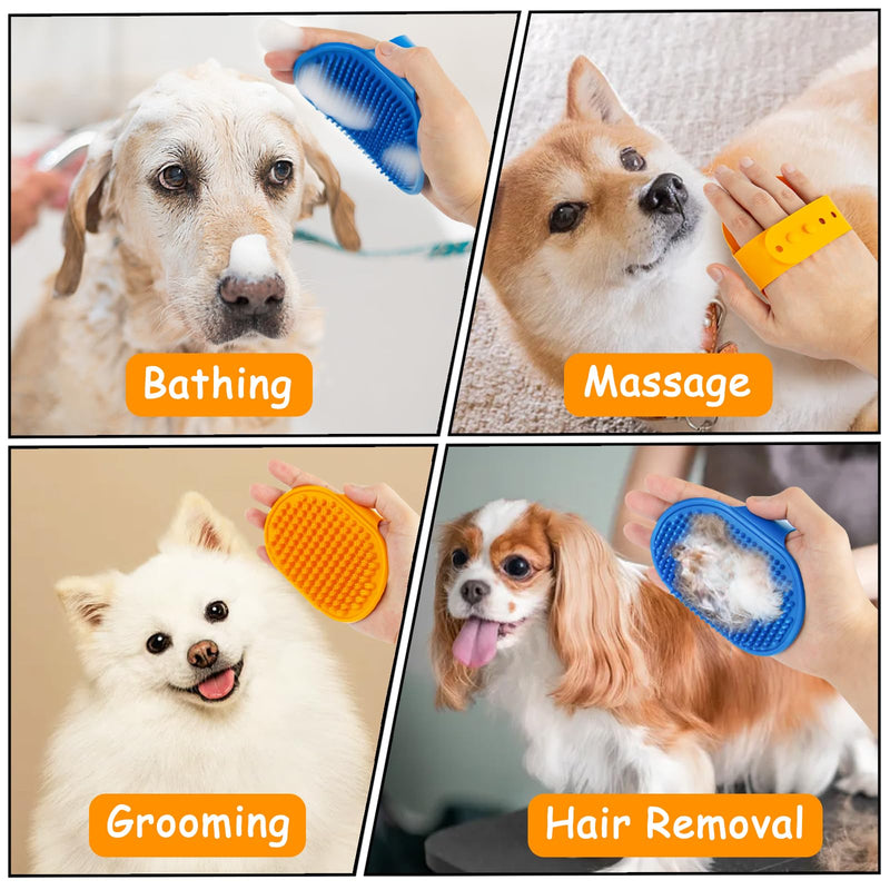 Ponpon 3PCS Dog Bath Brush with 4Pcs Toothbrush, Scrubber and Shampoo Brush with Adjustable Ring Handle, Shower Brush for Long and Short Hair