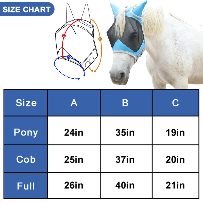 Horse Fly Mask with Ears Cover | Forelock Opening for Tangle-Free Mane Care | UV Protection & Breathable Mesh | No Rub Fit and Enhanced Visbility for Trail Riding Paleblue Pony Pale Blue