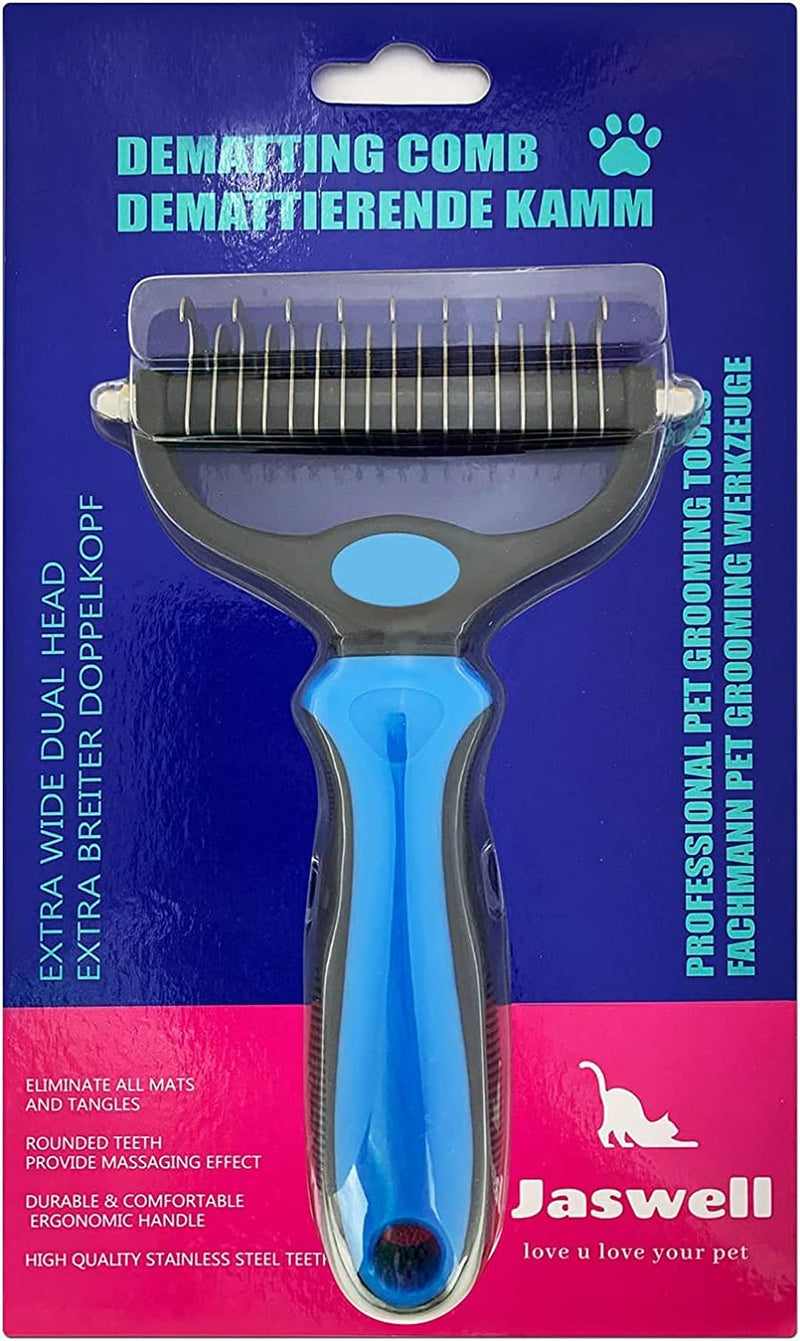 JASWELL Pet Grooming Tool- 2 Sided Undercoat Rake for Dogs &Cats-Safe and Effective Dematting Comb for Mats&Tangles Removing-No More Nasty Shedding or Flying Hair Blue - PawsPlanet Australia