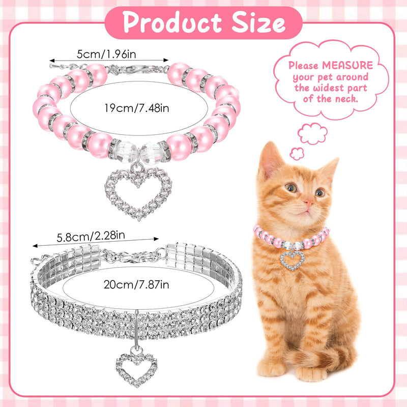 Rhinestone Dog Cat Collar Pearl Necklace Set Cute Pearl Cat Collar Adjustable Dog Necklace Collars for Small Cats Dogs Puppy (S, 2Pcs) - PawsPlanet Australia