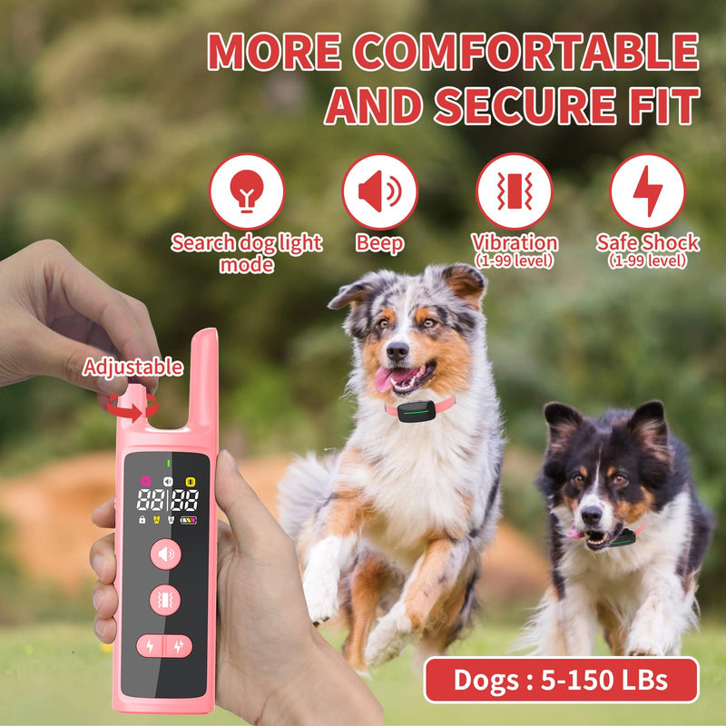 Dog Training Shock Collar 4300FT Dog Bark Collar with Remote IP67 Waterproof 4 Training Modes Beep Vibration Shock Light Mode Magnetic Charger Electric Dogs Collar 8-25 inches Double Shock Rose Bloom - PawsPlanet Australia