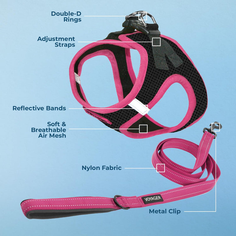 Best Pet Supplies Voyager Step-in Air All Weather Mesh Harness and Reflective Dog 5 ft Leash Combo with Neoprene Handle, for Small, Medium and Large Breed Puppies - Black/Pink Trim, Small - PawsPlanet Australia