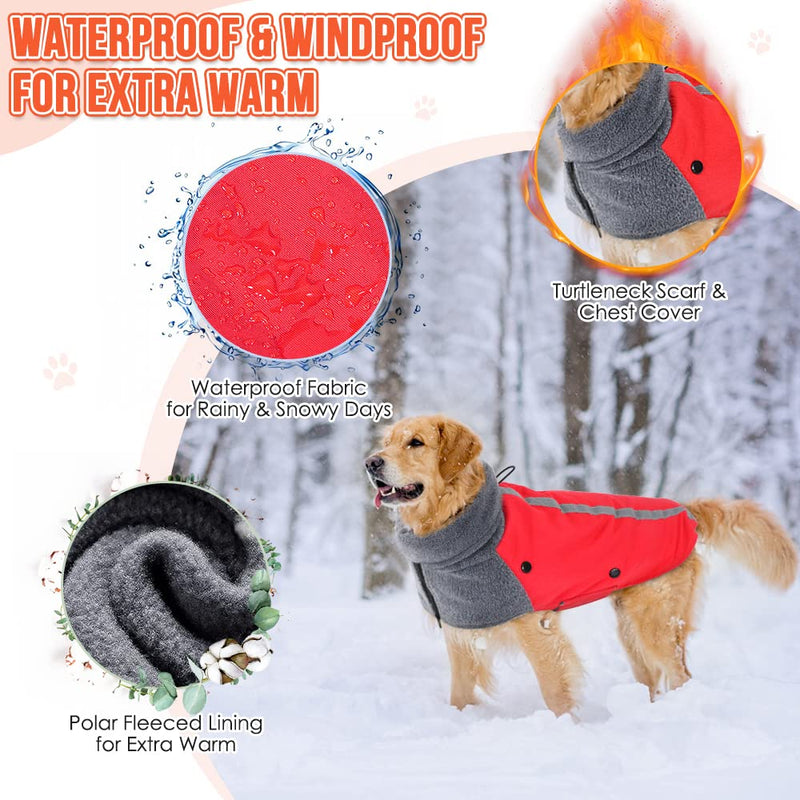 SlowTon Winter Dog Coat, Warm Polar Fleece Lining Doggie Outdoor Jacket with Turtleneck Scarf Reflective Stripe Adjustable Waterproof Windproof Puppy Vest Soft Pet Outfits (XL,Red) X-Large (Pack of 1) B.Red