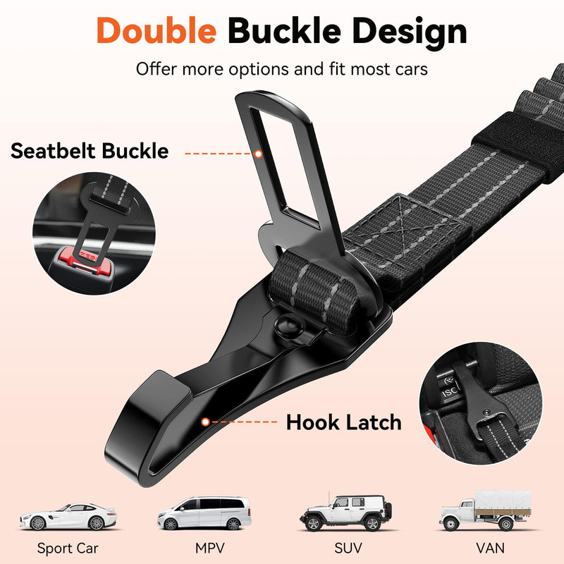 Dog Seat Belt, Dog Car Seat Belt Bungee, Car Harness for Pet with Buckle & Hook Latch, Safety Leash Vehicle, Adjustable Reflective Pet Vehicle Tether, 360° Swivel Lock Clasp, Black 1pc - PawsPlanet Australia
