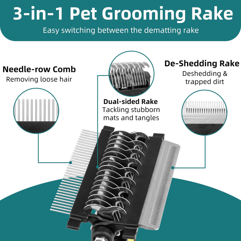 3-IN-1 Pet Grooming Tool - Undercoat Rake, Dematting Comb & Deshedding Brush for Cats & Dogs - Removes Mats, Tangles & Loose Fur, Reduces Shedding & Prevents Hair Mess (Green) Green - PawsPlanet Australia