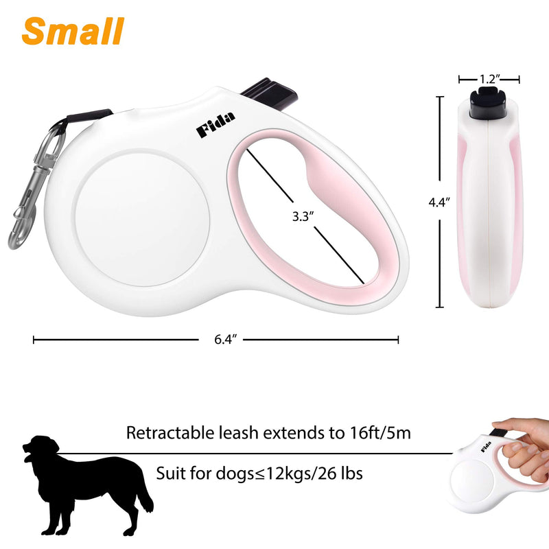 Fida Retractable Dog Leash for Small Breed up to 26 lbs, 16 ft Pet Walking Leash with Dispenser and Poop Bags, Anti-Slip Handle, Reflective Strong Nylon Tape, One-Handed Brake (S, White & Pink) Small, 16ft