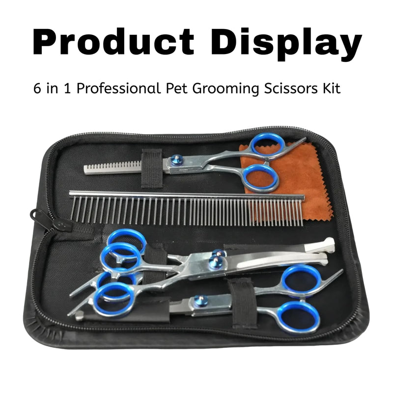6-in-1 Professional Pet Grooming Scissors Kit: Heavy Duty Titanium Coated 4CR Steel, Rounded Safety Tips for Dogs/Cats - PawsPlanet Australia