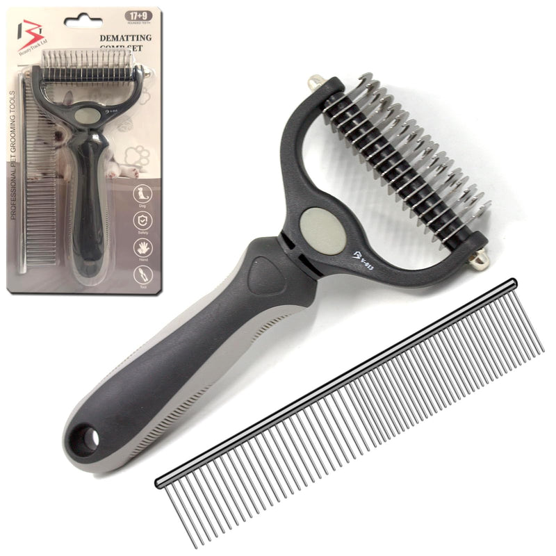 BeautyTrack Pet Dematting Comb, Dual-Sided Grooming Rake for Dogs and Cats, Stainless Steel Teeth with Metal Finishing Comb, Undercoat Rake Dog Cat (Black, L) Black - PawsPlanet Australia
